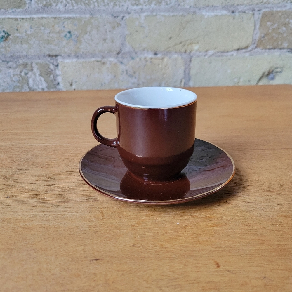 Expresso/Tea Set Cup & Saucer, Brown/White Gold Rim